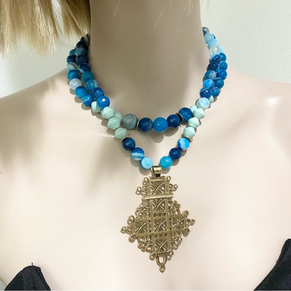 The AKOLA Project Uganda Handmade Blue Agate Paper Beads Double Strand Necklace - Picture 2 of 15